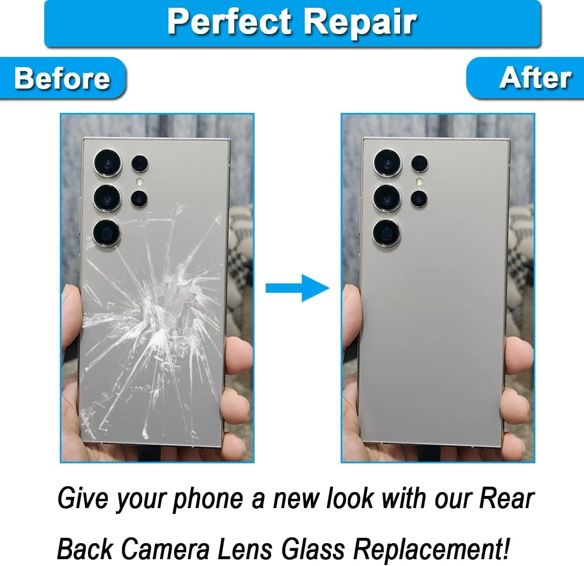 درب پشتی شیشه ای جایگزین برای گوشی سامسونگ گلکسی S24 Ultra سایز 6.8 اینچ مدل SM-S928B همراه با چسب از پیش نصب شده (خاکستری)