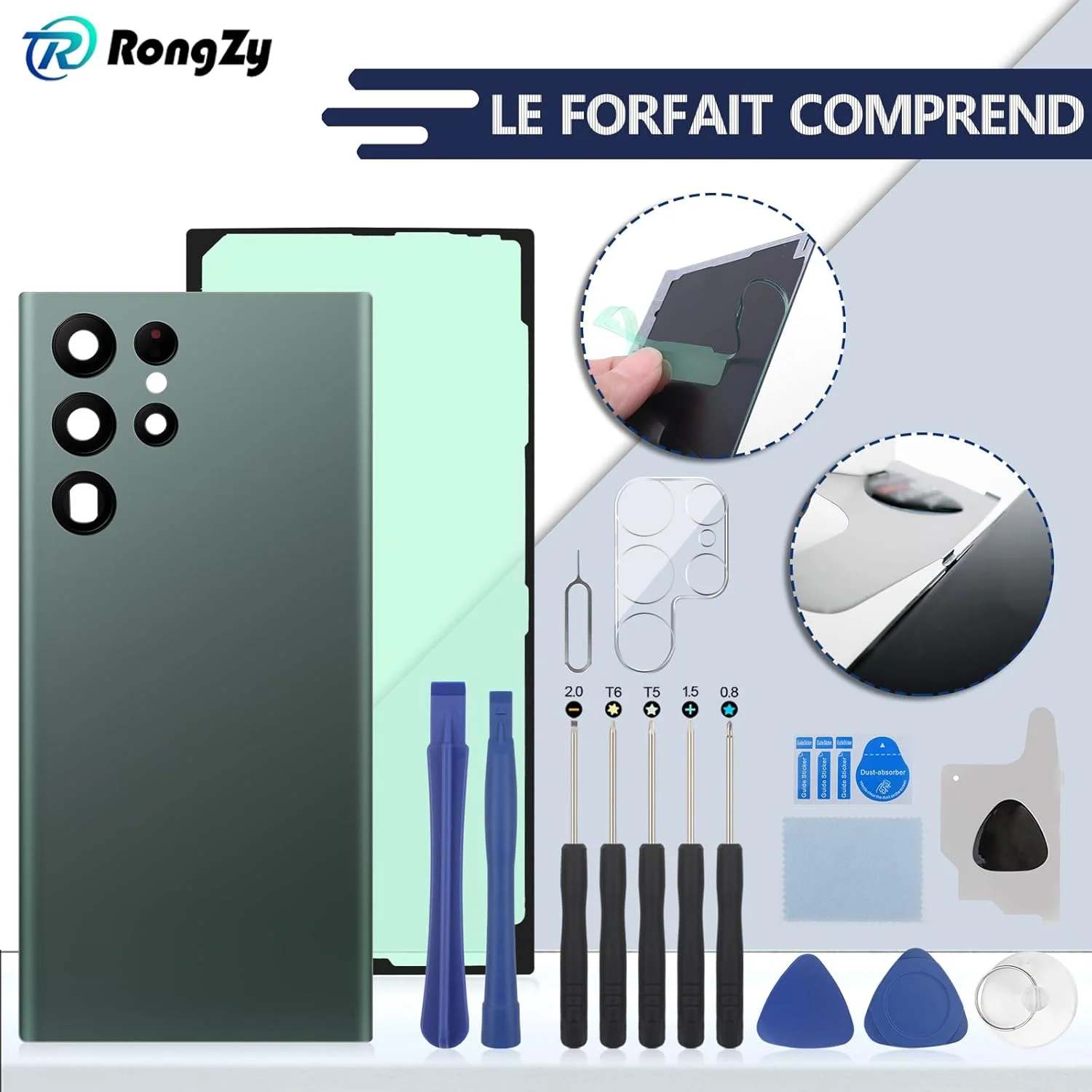 درب پشت باتری جایگزین RongZy برای گوشی سامسونگ گلکسی S22 Ultra 5G مدل 2022 به همراه کیت ابزار (سبز)