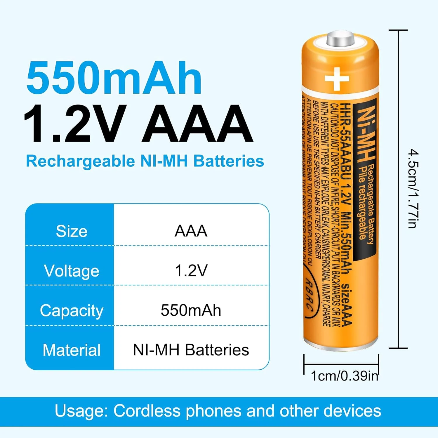 بسته چهارتایی باتری قابل شارژ AAA با ظرفیت 550mAh و ولتاژ 1.2V مدل HHR-55AAABU NI-MH، باتری جایگزین پاناسونیک برای تلفن های بی سیم BT گیگاست، مناسب برای استفاده روزمره در خانه و محل کار بسته چهارتایی باتری قابل شارژ AAA با ظرفیت 550mAh و ولتاژ 1.2V مدل HHR-55AAABU NI-MH، باتری جایگزین پاناسونیک برای تلفن های بی سیم BT گیگاست، مناسب برای استفاده روزمره در خانه و محل کار