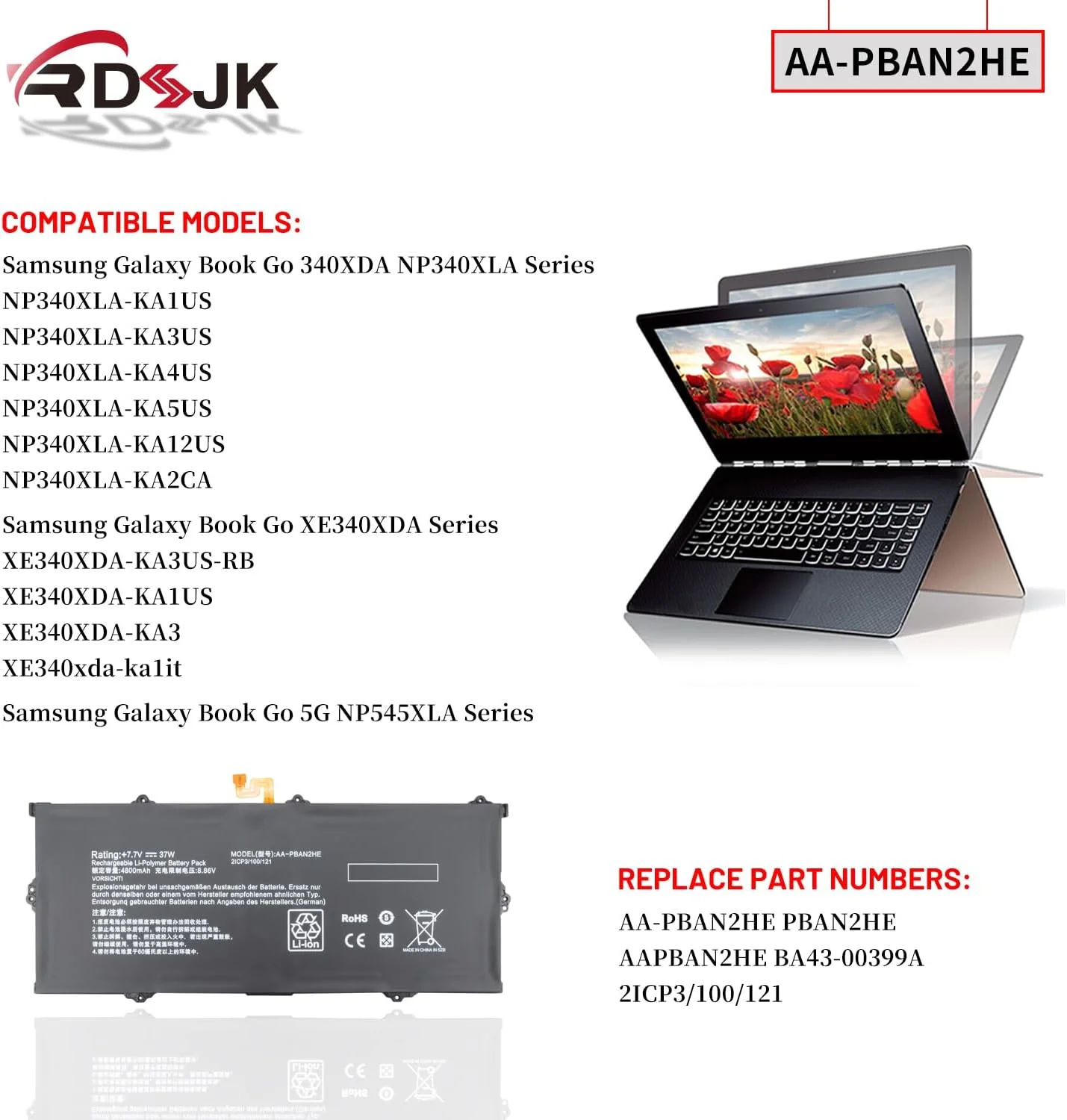 باتری لپ تاپ AA-PBAN2HE برای Samsung Galaxy Book Go 340XDA NP340XLA NP340XLA-KA1US NP340XLA-KA2CA XE340XDA XE340XDA-KA3US-RB XE340XDA-KA1US XE340XDA-KA3 XE340xda-ka1it 5G NP545XLA Series 7.7V 37Wh