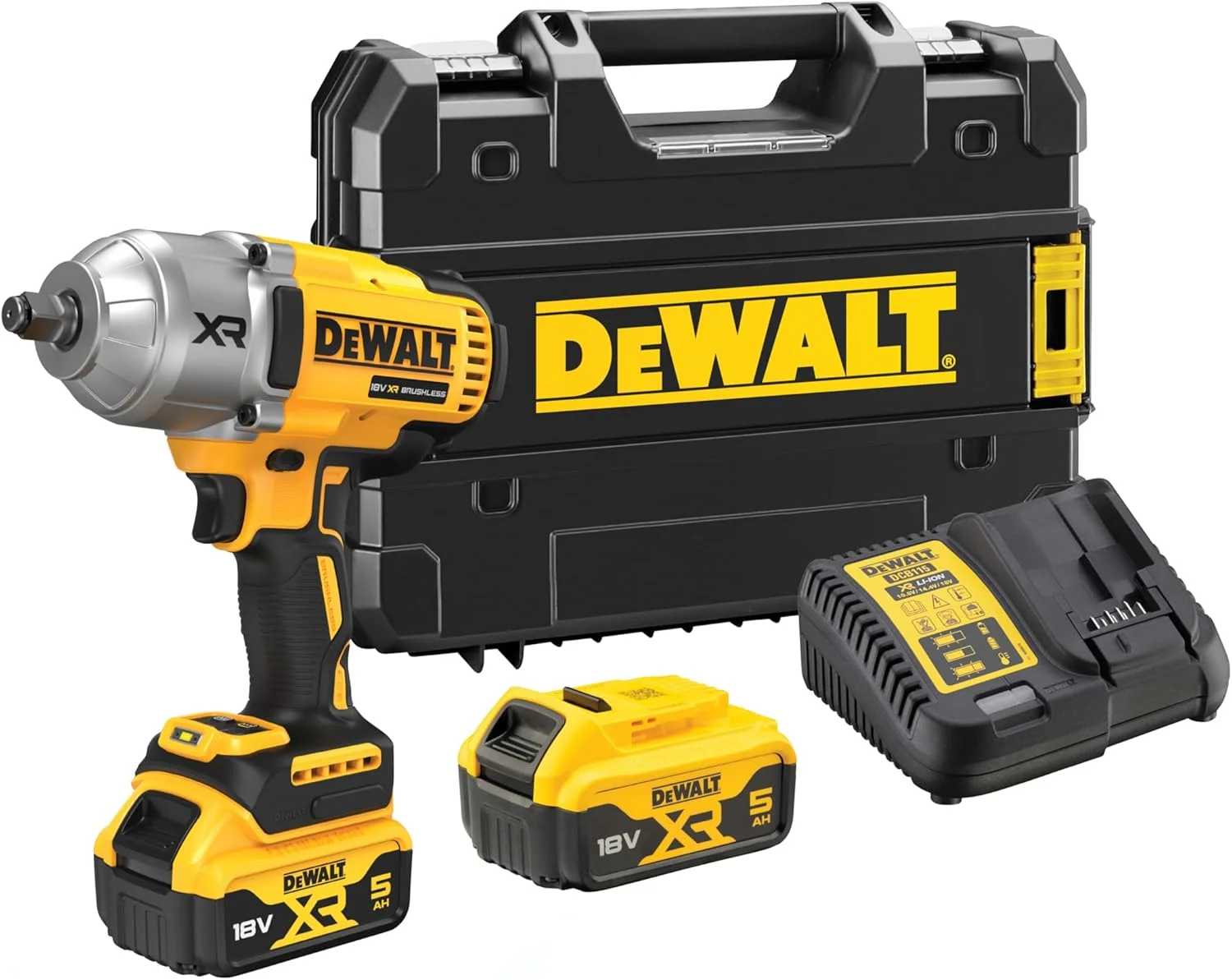 آچار بکس ضربه ای پر قدرت 1/2 اینچ 18 ولت XR براشلس Dewalt DCF900P2T-GB با حلقه خوکی 1396 نیوتن متر به همراه 2 عدد باتری 5 آمپر در جعبه TSTAK