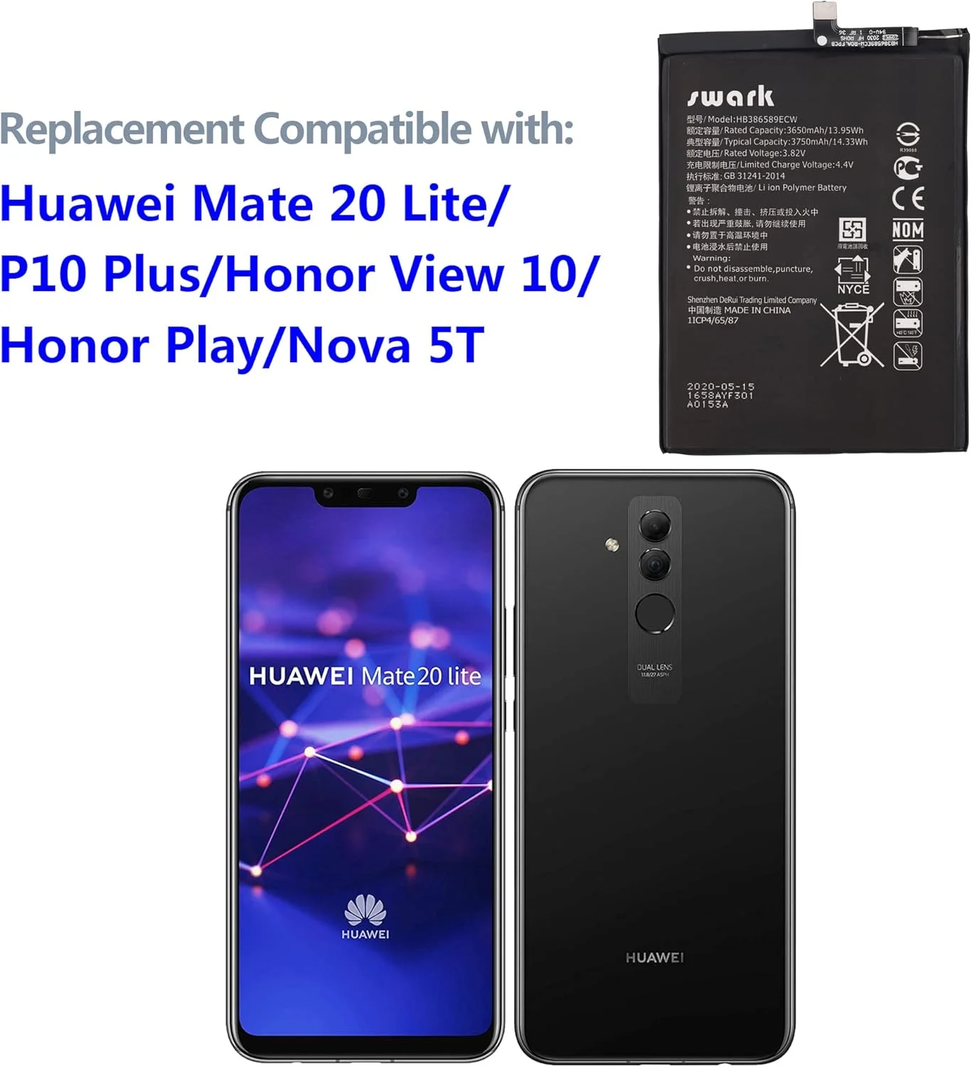 باتری قابل شارژ جدید HB386589ECW سازگار با Mate 20 Lite، P10 Plus، Honor View 10، Honor Play و Nova 5T به همراه ابزار باتری قابل شارژ جدید HB386589ECW سازگار با Mate 20 Lite، P10 Plus، Honor View 10، Honor Play و Nova 5T به همراه ابزار