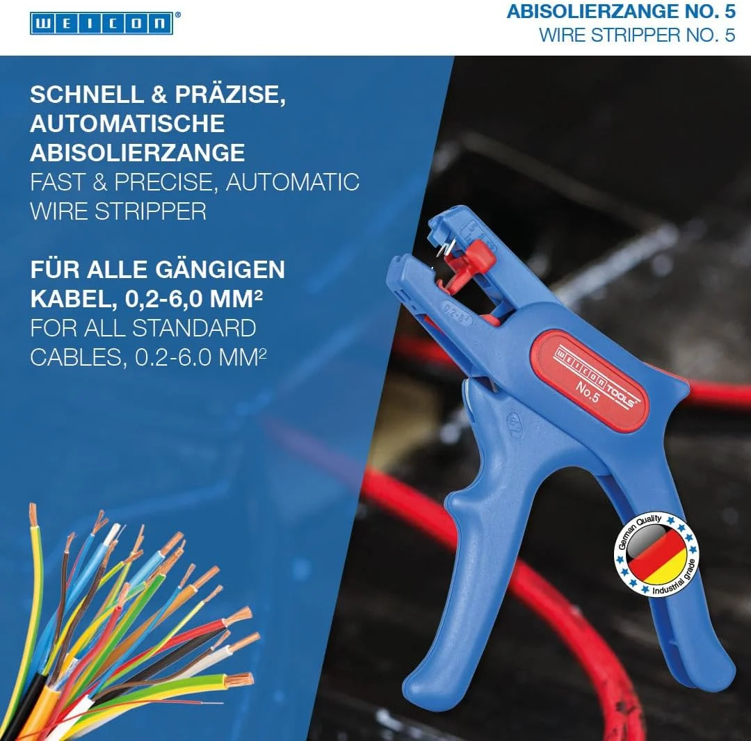 سیم لخت کن وایکان مدل شماره 5 | سیم لخت کن قابل تنظیم 0.2-6.0 میلی متر مربع (24-10 AWG) | انبر سیم لخت کن با سیم چین جانبی تا 2.0 میلی متر | برای کابل های گرد | دارای تاییدیه TÜV | 100% ساخت آلمان سیم لخت کن وایکان مدل شماره 5 | سیم لخت کن قابل تنظیم 0.2-6.0 میلی متر مربع (24-10 AWG) | انبر سیم لخت کن با سیم چین جانبی تا 2.0 میلی متر | برای کابل های گرد | دارای تاییدیه TÜV | 100% ساخت آلمان