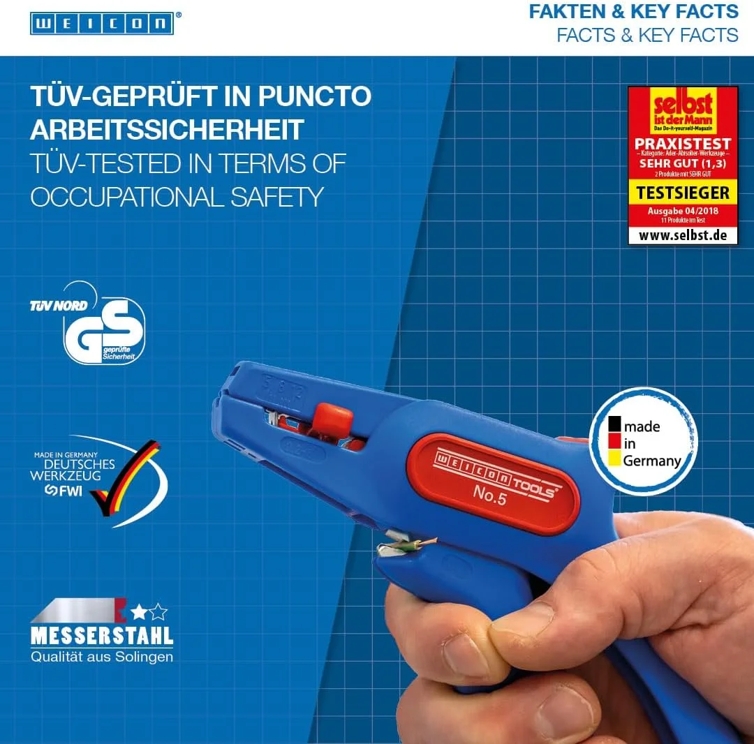 سیم لخت کن وایکان مدل شماره 5 | سیم لخت کن قابل تنظیم 0.2-6.0 میلی متر مربع (24-10 AWG) | انبر سیم لخت کن با سیم چین جانبی تا 2.0 میلی متر | برای کابل های گرد | دارای تاییدیه TÜV | 100% ساخت آلمان سیم لخت کن وایکان مدل شماره 5 | سیم لخت کن قابل تنظیم 0.2-6.0 میلی متر مربع (24-10 AWG) | انبر سیم لخت کن با سیم چین جانبی تا 2.0 میلی متر | برای کابل های گرد | دارای تاییدیه TÜV | 100% ساخت آلمان