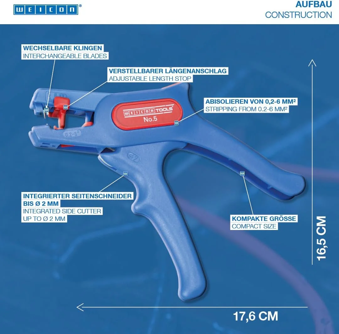 سیم لخت کن وایکان مدل شماره 5 | سیم لخت کن قابل تنظیم 0.2-6.0 میلی متر مربع (24-10 AWG) | انبر سیم لخت کن با سیم چین جانبی تا 2.0 میلی متر | برای کابل های گرد | دارای تاییدیه TÜV | 100% ساخت آلمان سیم لخت کن وایکان مدل شماره 5 | سیم لخت کن قابل تنظیم 0.2-6.0 میلی متر مربع (24-10 AWG) | انبر سیم لخت کن با سیم چین جانبی تا 2.0 میلی متر | برای کابل های گرد | دارای تاییدیه TÜV | 100% ساخت آلمان