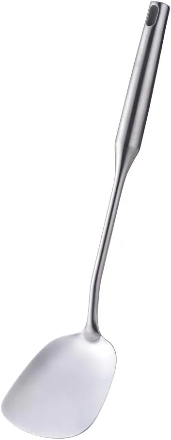 کفگیر ووک SBOMHS استیل ضد زنگ 18/8، کفگیر تخت ووک دسته بلند 37.5 سانتی متر (14.8 اینچ)، قاشق ووک نقره ای، 1 عدد
