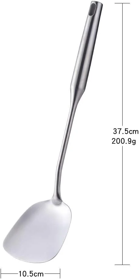 کفگیر ووک SBOMHS استیل ضد زنگ 18/8، کفگیر تخت ووک دسته بلند 37.5 سانتی متر (14.8 اینچ)، قاشق ووک نقره ای، 1 عدد