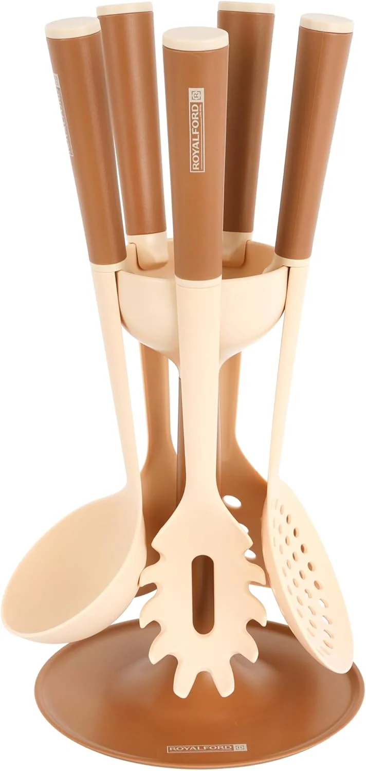 ست ۶ تکه ابزار آشپزی نایلونی رویال فورد مدل RF12582، مناسب ظروف نچسب، شامل کفگیر، ملاقه، قاشق، کفگیر سوراخ دار، قاشق پاستا و مقاوم در برابر حرارت