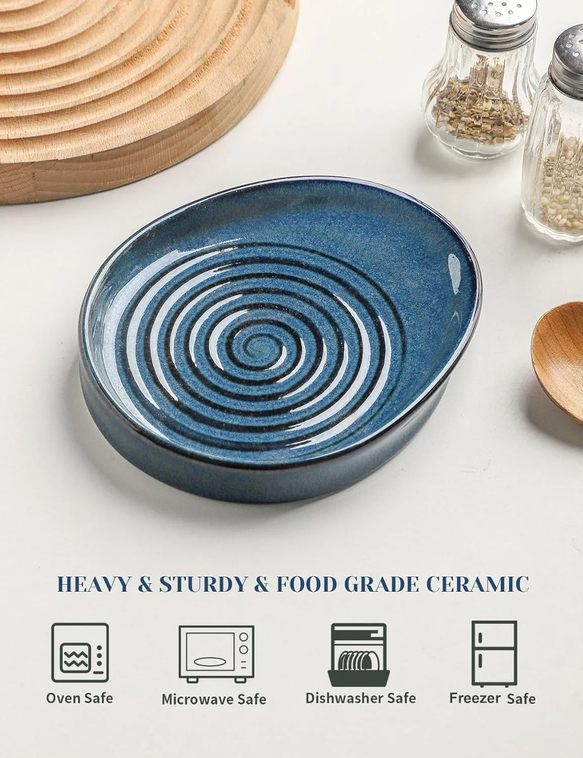 جای قاشق سرامیکی Seyatoo برای اجاق گاز، نگهدارنده قاشق برای پیشخوان آشپزخانه، نگهدارنده ظروف پخت و پز برای قاشق، ملاقه و کفگیر، آبی لعاب دار