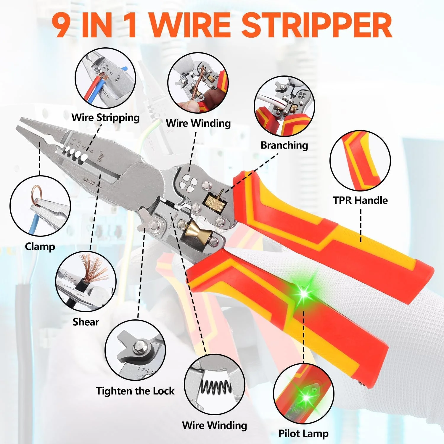 سیم لخت کن و سیم چین اتوماتیک 9 در 1 چند منظوره با انبر تست ولتاژ، ابزار لخت کردن کابل برق، ابزار تاباندن و برش برای برقکاران، ابزار دستی عایق حرفه ای