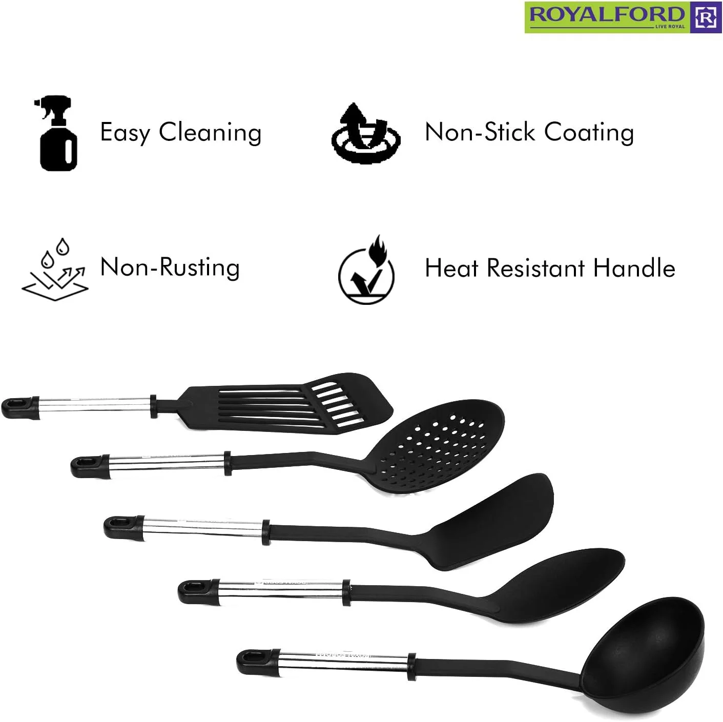 رویال فورد - ست 5 تکه کفگیر شیاردار، قاشق ساده، قاشق پاستا، پوره ساز و ملاقه - ست ابزار آشپزخانه سیلیکونی رویال فورد - ست 5 تکه کفگیر شیاردار، قاشق ساده، قاشق پاستا، پوره ساز و ملاقه - ست ابزار آشپزخانه سیلیکونی