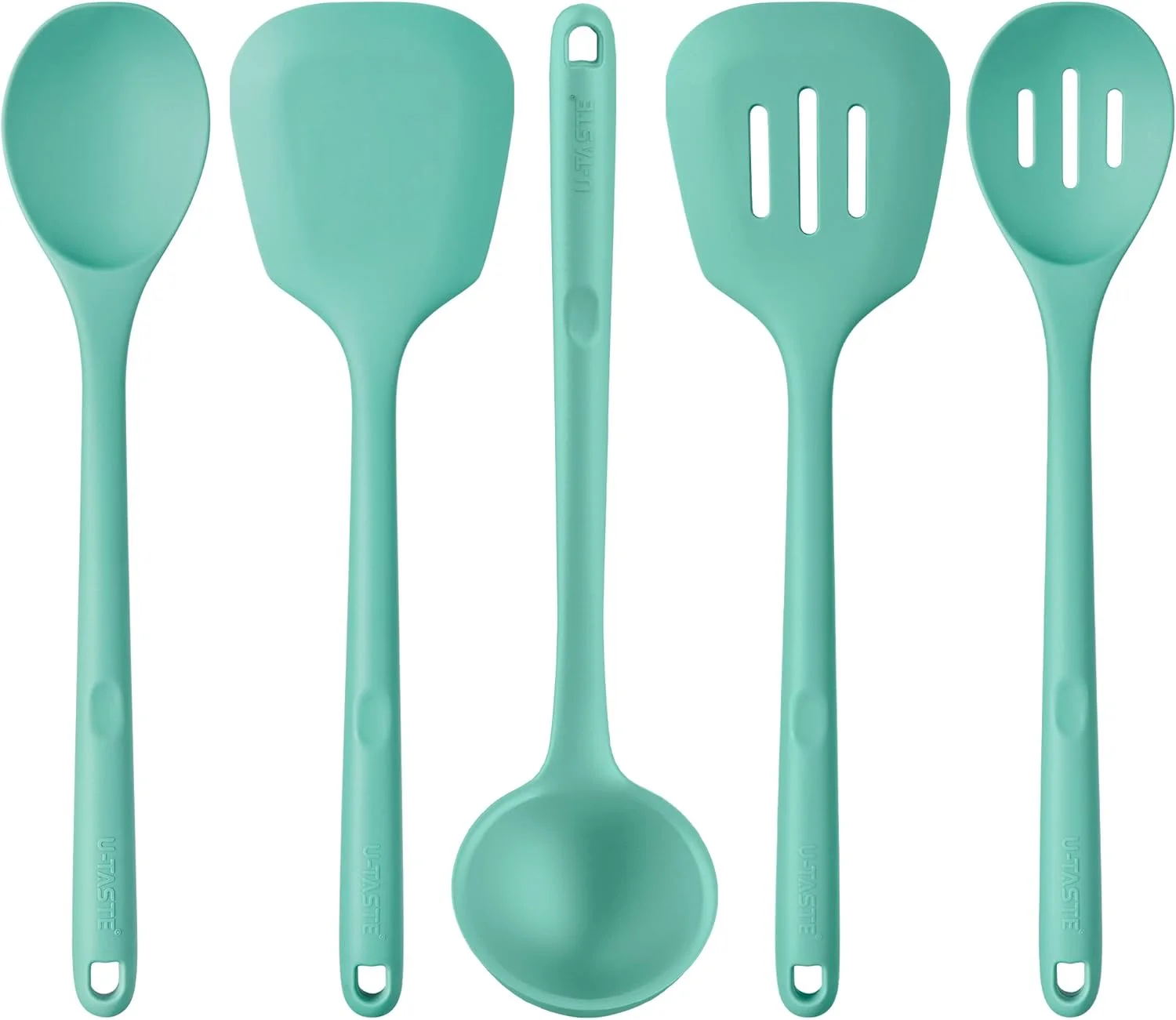 ابزار آشپزی سیلیکونی - مقاوم در برابر حرارت 315 درجه سانتیگراد، بدون BPA، یکپارچه، جامد و دارای شکاف، کفگیر و قاشق، ملاقه سوپ برای ظروف نچسب (ست 5 تکه، آبی آسمانی)