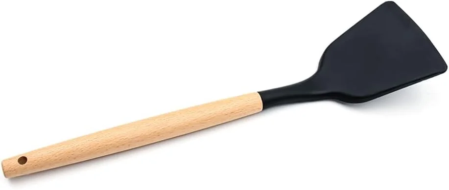کفگیر سیلیکونی یک تکه BERAM با دسته چوبی، مقاوم در برابر حرارت تا 230 درجه سانتیگراد، ابزار آشپزی نچسب برای برگرداندن، بلند کردن و سرو کردن، دسته ارگونومیک، بادوام و شیک، مشکی