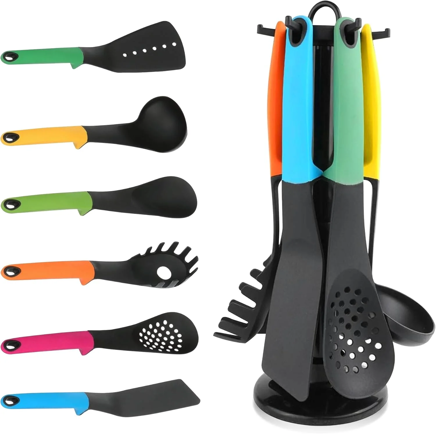 ست ابزار آشپزی 6 تکه نایلونی و سیلیکونی، ظروف آشپزی ضد خش شامل ملاقه سوپ، قاشق، کفگیر، سرو اسپاگتی، کفگیر تخت، برگردان
