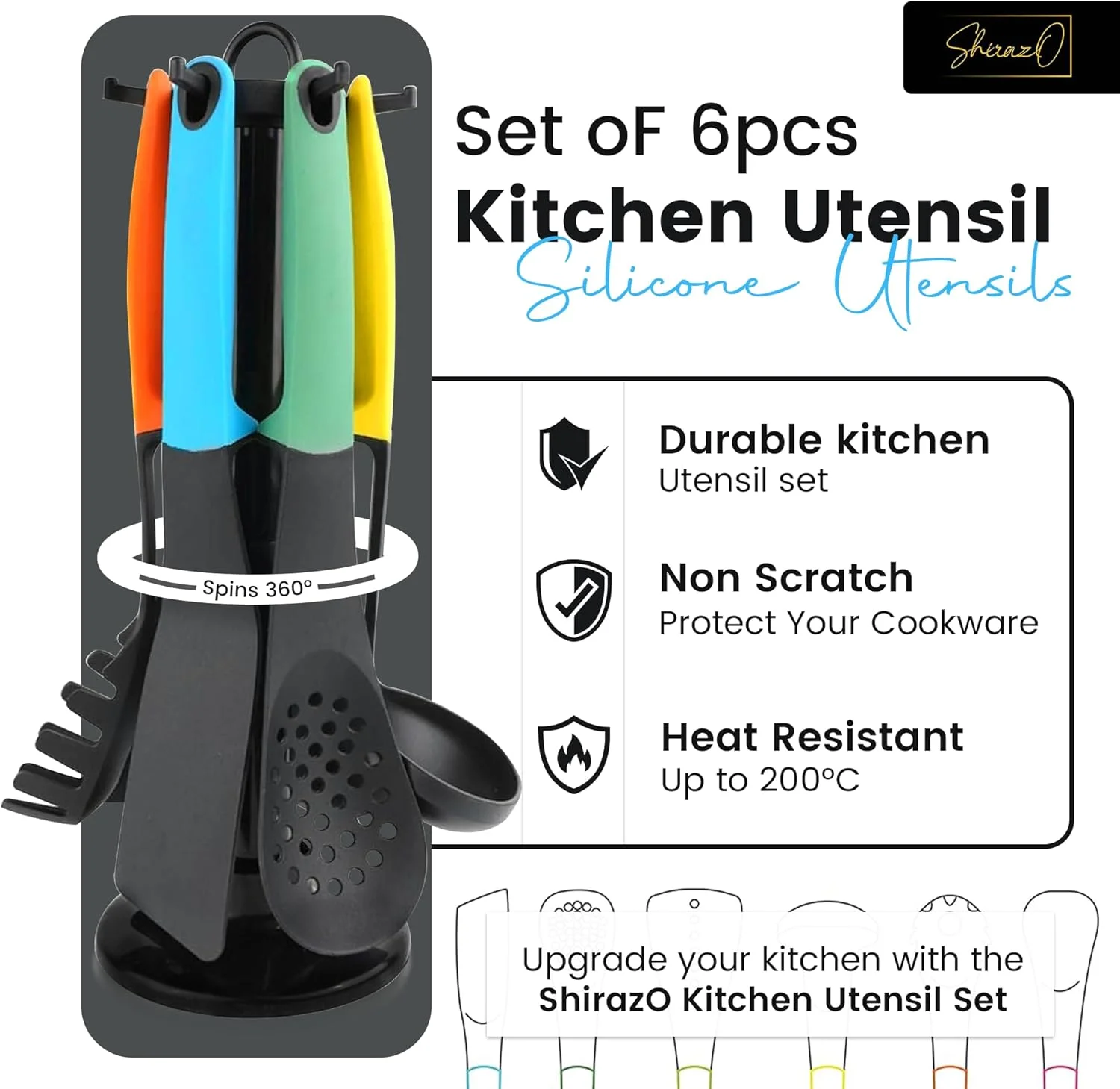 ست ابزار آشپزی 6 تکه نایلونی و سیلیکونی، ظروف آشپزی ضد خش شامل ملاقه سوپ، قاشق، کفگیر، سرو اسپاگتی، کفگیر تخت، برگردان