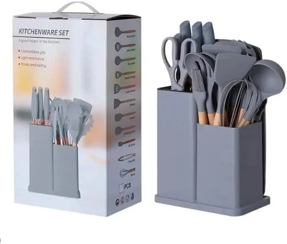 ست لوازم آشپزی سیلیکونی، ست 19 تکه لوازم آشپزخانه با کفگیر سیلیکونی، قاشق و برس مقاوم در برابر حرارت به همراه ست چاقوی تیز و تخته برش، رنگ های ترکیبی ست لوازم آشپزی سیلیکونی، ست 19 تکه لوازم آشپزخانه با کفگیر سیلیکونی، قاشق و برس مقاوم در برابر حرارت به همراه ست چاقوی تیز و تخته برش، رنگ های ترکیبی