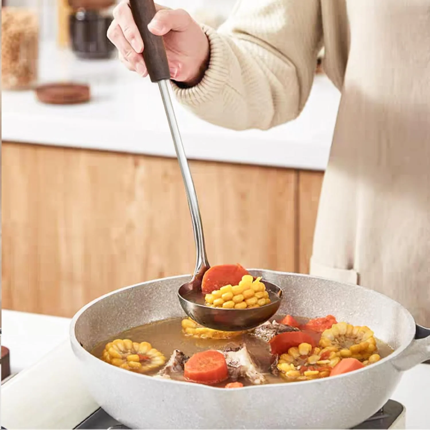 ست کفگیر و ملاقه، ابزار ووک استیل ضد زنگ، ملاقه و کفگیر ووک جهانی، لوازم آشپزی و لوازم جانبی ووک، 34.5-37 سانتی متر