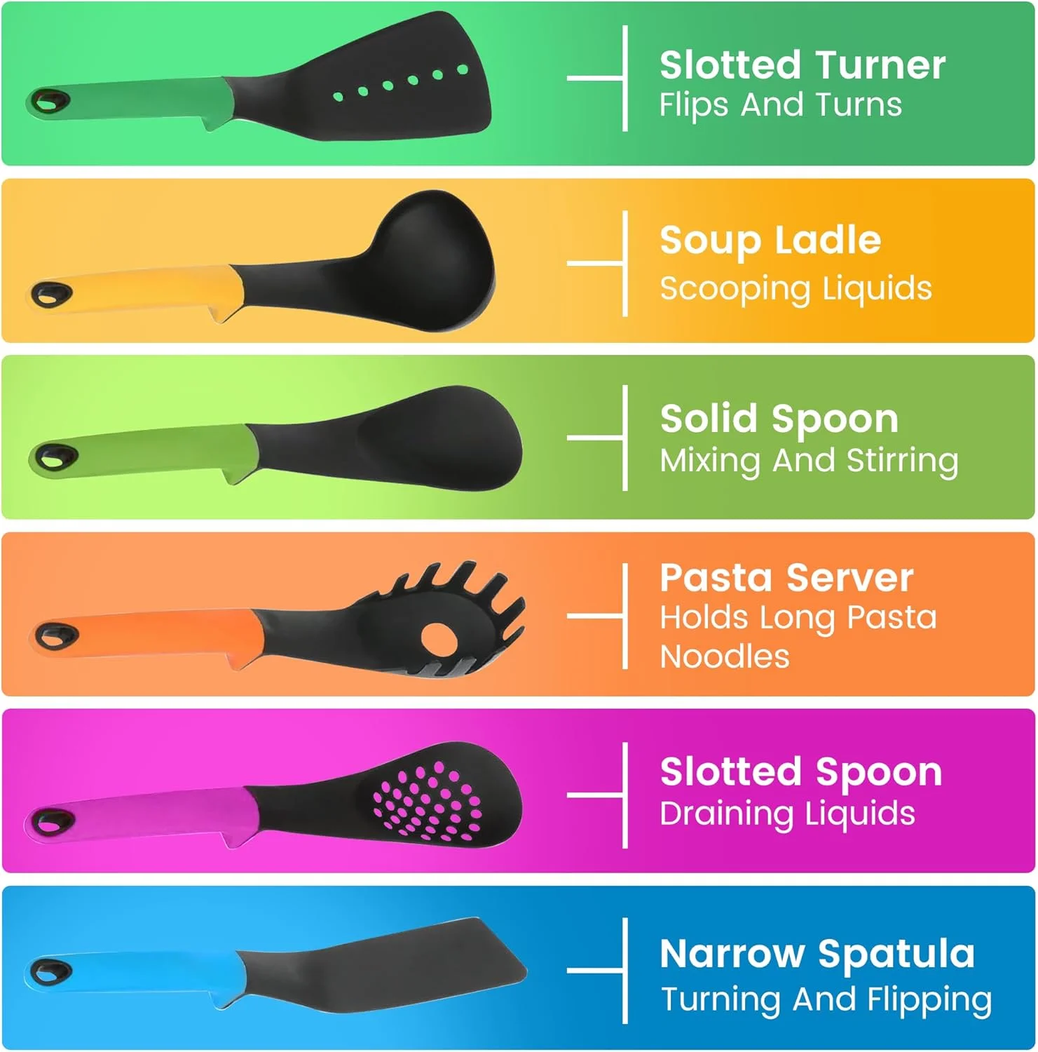 ست ابزار آشپزی 6 تکه نایلونی و سیلیکونی، ظروف آشپزی ضد خش شامل ملاقه سوپ، قاشق، کفگیر، سرو اسپاگتی، کفگیر تخت، برگردان