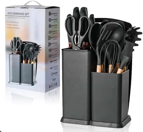 ست لوازم آشپزی سیلیکونی، ست 19 تکه لوازم آشپزخانه با کفگیر سیلیکونی، قاشق و برس مقاوم در برابر حرارت به همراه ست چاقوی تیز و تخته برش، رنگ های ترکیبی ست لوازم آشپزی سیلیکونی، ست 19 تکه لوازم آشپزخانه با کفگیر سیلیکونی، قاشق و برس مقاوم در برابر حرارت به همراه ست چاقوی تیز و تخته برش، رنگ های ترکیبی