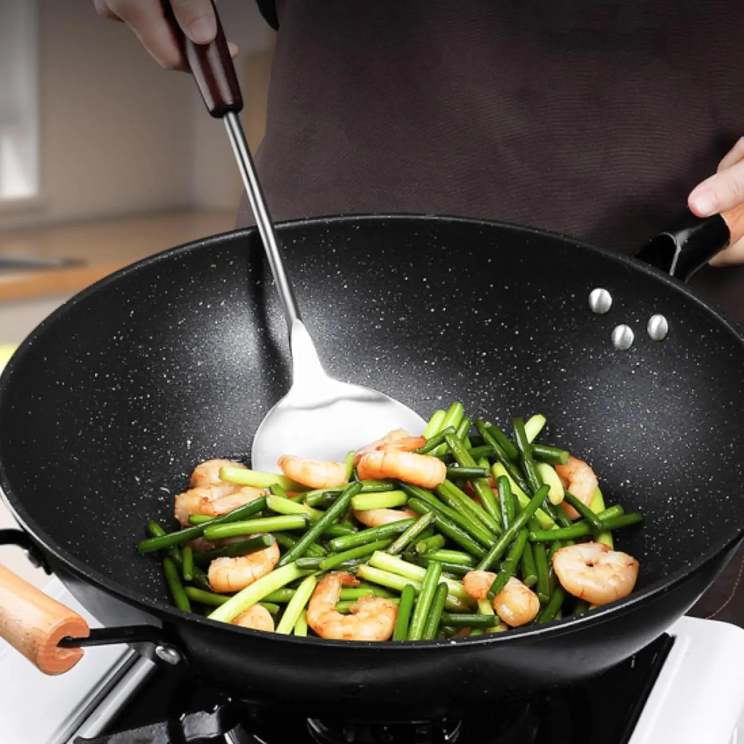 ست کفگیر و ملاقه، ابزار ووک استیل ضد زنگ، ملاقه و کفگیر ووک جهانی، لوازم آشپزی و لوازم جانبی ووک، 34.5-37 سانتی متر