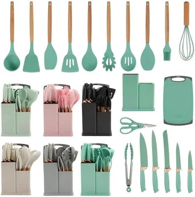 ست لوازم آشپزی سیلیکونی، ست 19 تکه لوازم آشپزخانه با کفگیر سیلیکونی، قاشق و برس مقاوم در برابر حرارت به همراه ست چاقوی تیز و تخته برش، رنگ های ترکیبی ست لوازم آشپزی سیلیکونی، ست 19 تکه لوازم آشپزخانه با کفگیر سیلیکونی، قاشق و برس مقاوم در برابر حرارت به همراه ست چاقوی تیز و تخته برش، رنگ های ترکیبی
