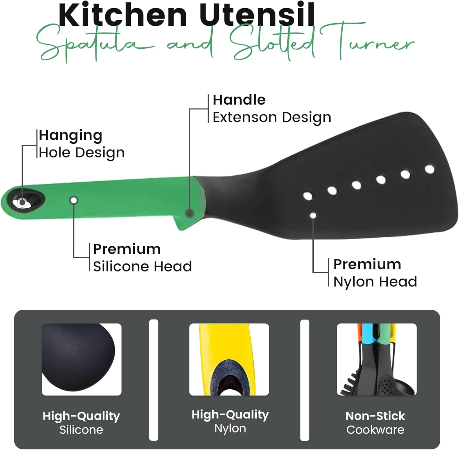 ست ابزار آشپزی 6 تکه نایلونی و سیلیکونی، ظروف آشپزی ضد خش شامل ملاقه سوپ، قاشق، کفگیر، سرو اسپاگتی، کفگیر تخت، برگردان
