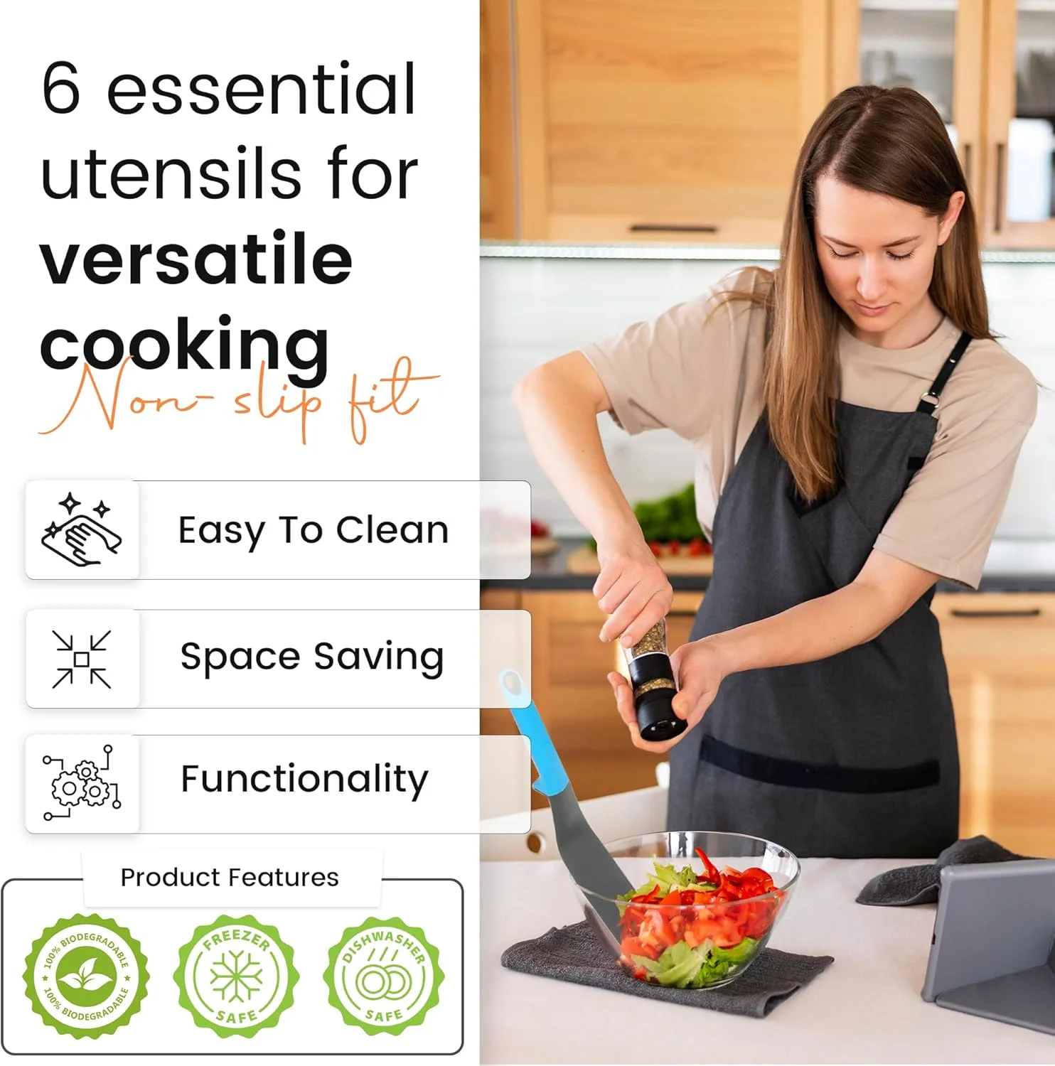 ست ابزار آشپزی 6 تکه نایلونی و سیلیکونی، ظروف آشپزی ضد خش شامل ملاقه سوپ، قاشق، کفگیر، سرو اسپاگتی، کفگیر تخت، برگردان