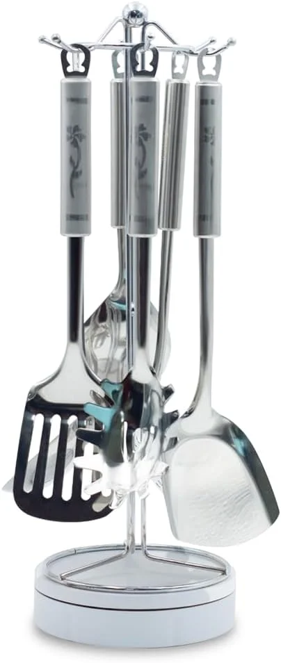 ست لوازم آشپزی استیل بِرام، 6 تکه، دسته طرح چهار برگ، شامل کفگیر، ملاقه برنج، قاشق سرو پاستا، کفگیر سوراخ دار، ملاقه سوپ، ابزار آشپزخانه برای استفاده روزانه