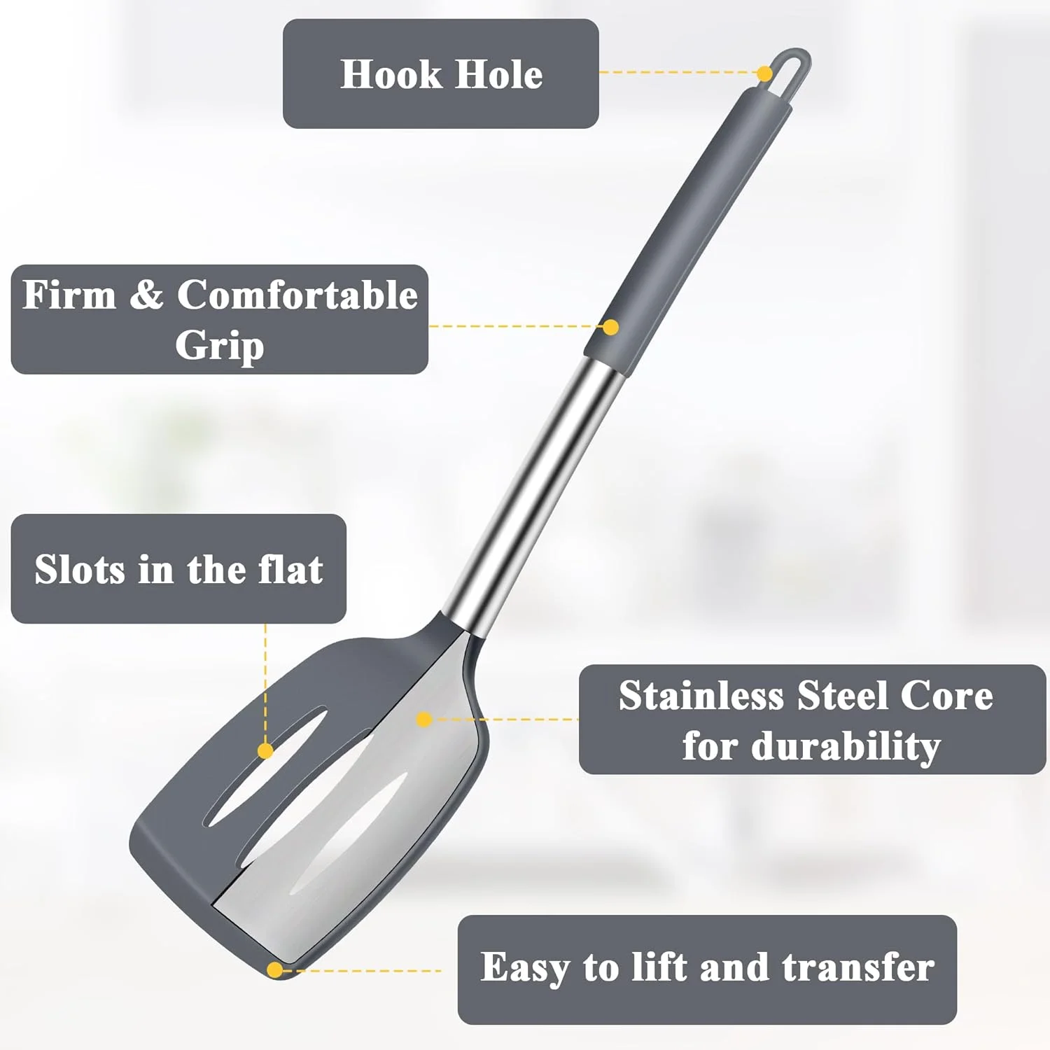 ست قاشق و لیسک سیلیکونی، ست 4 عددی ابزار آشپزی سیلیکونی با دسته استیل ضد زنگ، کفگیر آشپزخانه بدون BPA برای سرخ کردن، مخلوط کردن، سرو کردن، آبکش کردن، برگرداندن و هم زدن، خاکستری