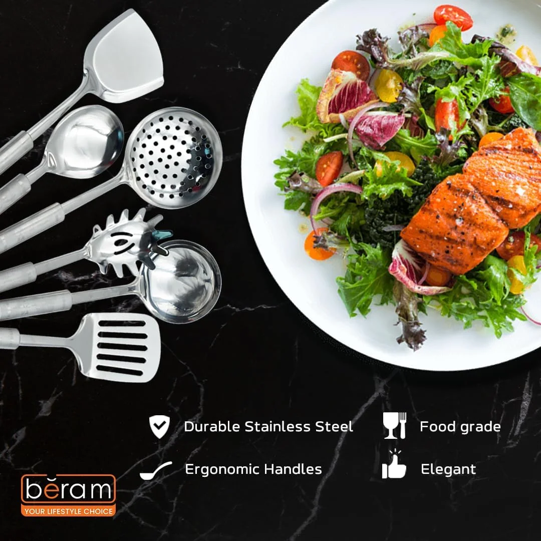 ست لوازم آشپزی استیل بِرام، 6 تکه، دسته طرح چهار برگ، شامل کفگیر، ملاقه برنج، قاشق سرو پاستا، کفگیر سوراخ دار، ملاقه سوپ، ابزار آشپزخانه برای استفاده روزانه