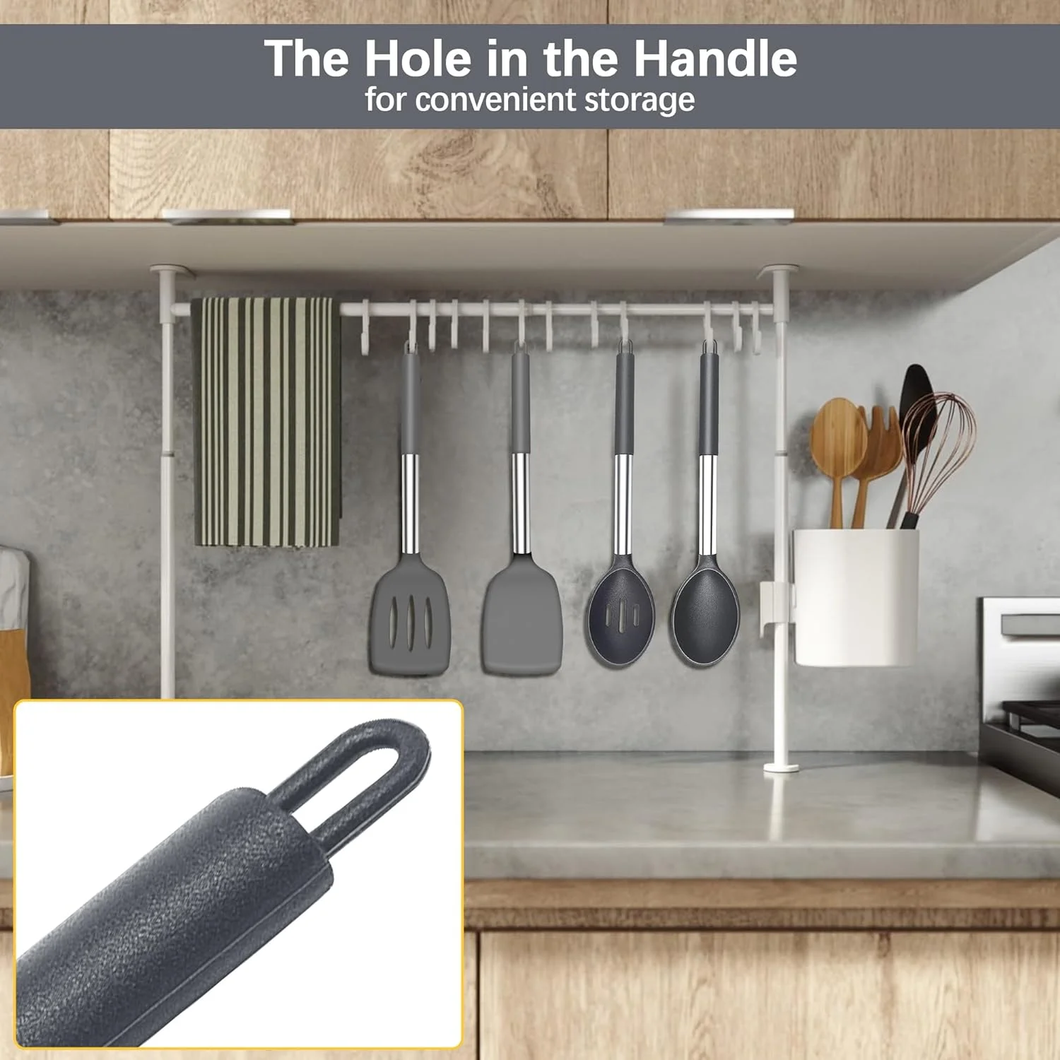 ست قاشق و لیسک سیلیکونی، ست 4 عددی ابزار آشپزی سیلیکونی با دسته استیل ضد زنگ، کفگیر آشپزخانه بدون BPA برای سرخ کردن، مخلوط کردن، سرو کردن، آبکش کردن، برگرداندن و هم زدن، خاکستری