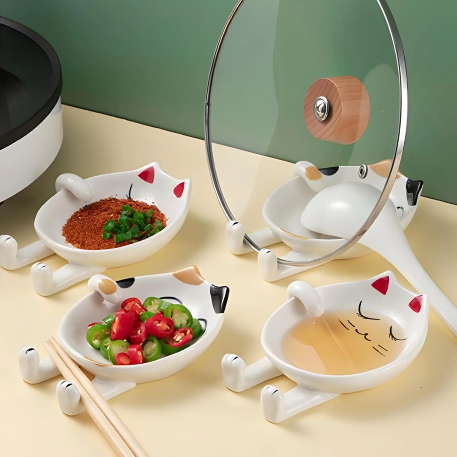 جا قاشقی و نگهدارنده درب قابلمه تزویق، 4 عددی، 14 سانتی متری، طرح گربه، سرامیکی مقاوم در برابر حرارت، مناسب برای کفگیر، لوازم جانبی آشپزخانه برای ملاقه، درب قابلمه و چاپستیک