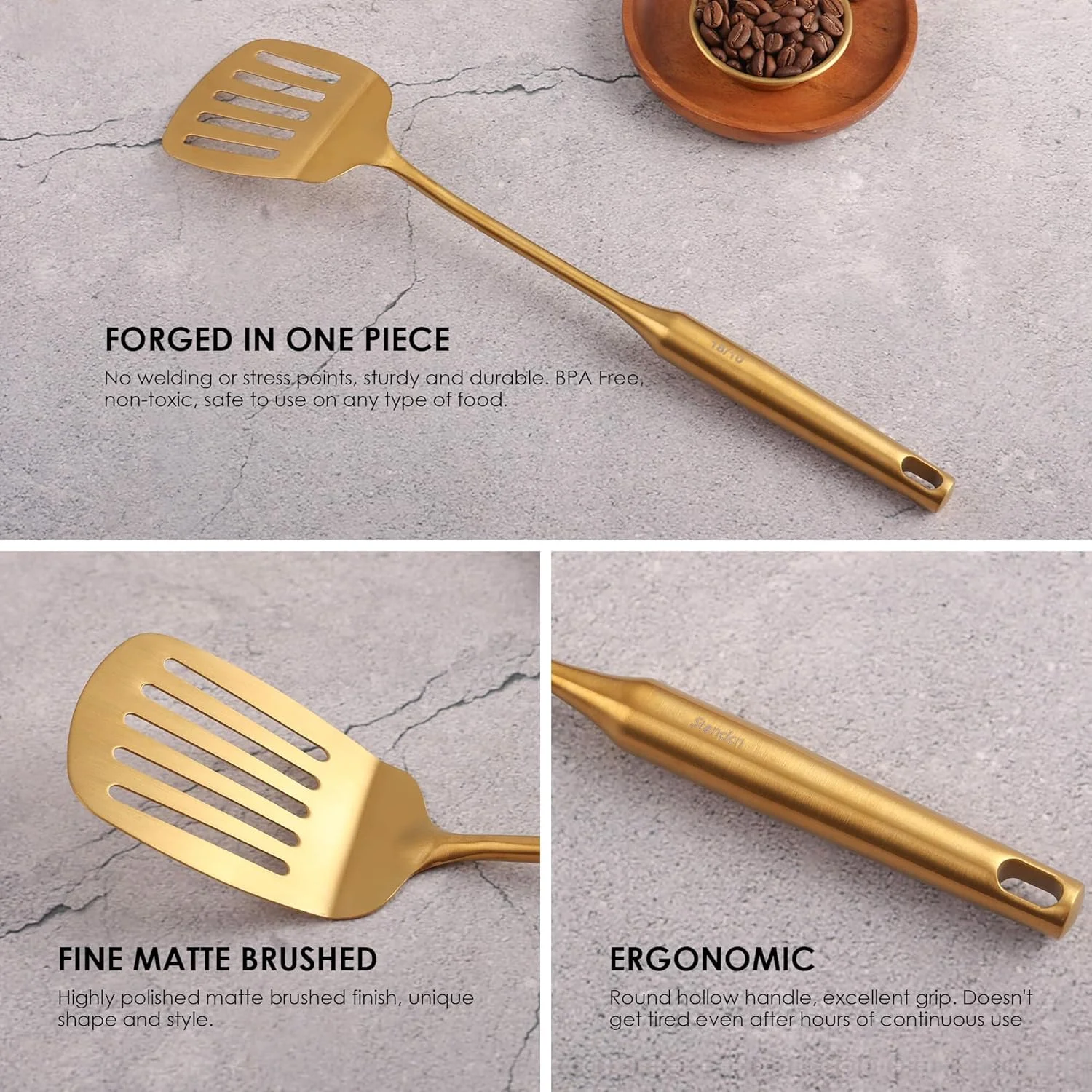 ست لوازم آشپزخانه طلایی Standcn، ۹ تکه ابزار پخت و پز تمام فلزی استیل 304 شامل چنگال گوشت، قاشق ساده، قاشق سوراخ دار، کفگیر، ملاقه، کفگیر صافی، کفگیر شیاردار، سرو کننده اسپاگتی، قاشق بزرگ