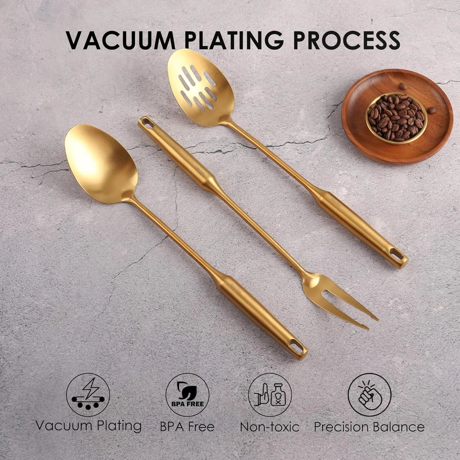 ست لوازم آشپزخانه طلایی Standcn، ۹ تکه ابزار پخت و پز تمام فلزی استیل 304 شامل چنگال گوشت، قاشق ساده، قاشق سوراخ دار، کفگیر، ملاقه، کفگیر صافی، کفگیر شیاردار، سرو کننده اسپاگتی، قاشق بزرگ