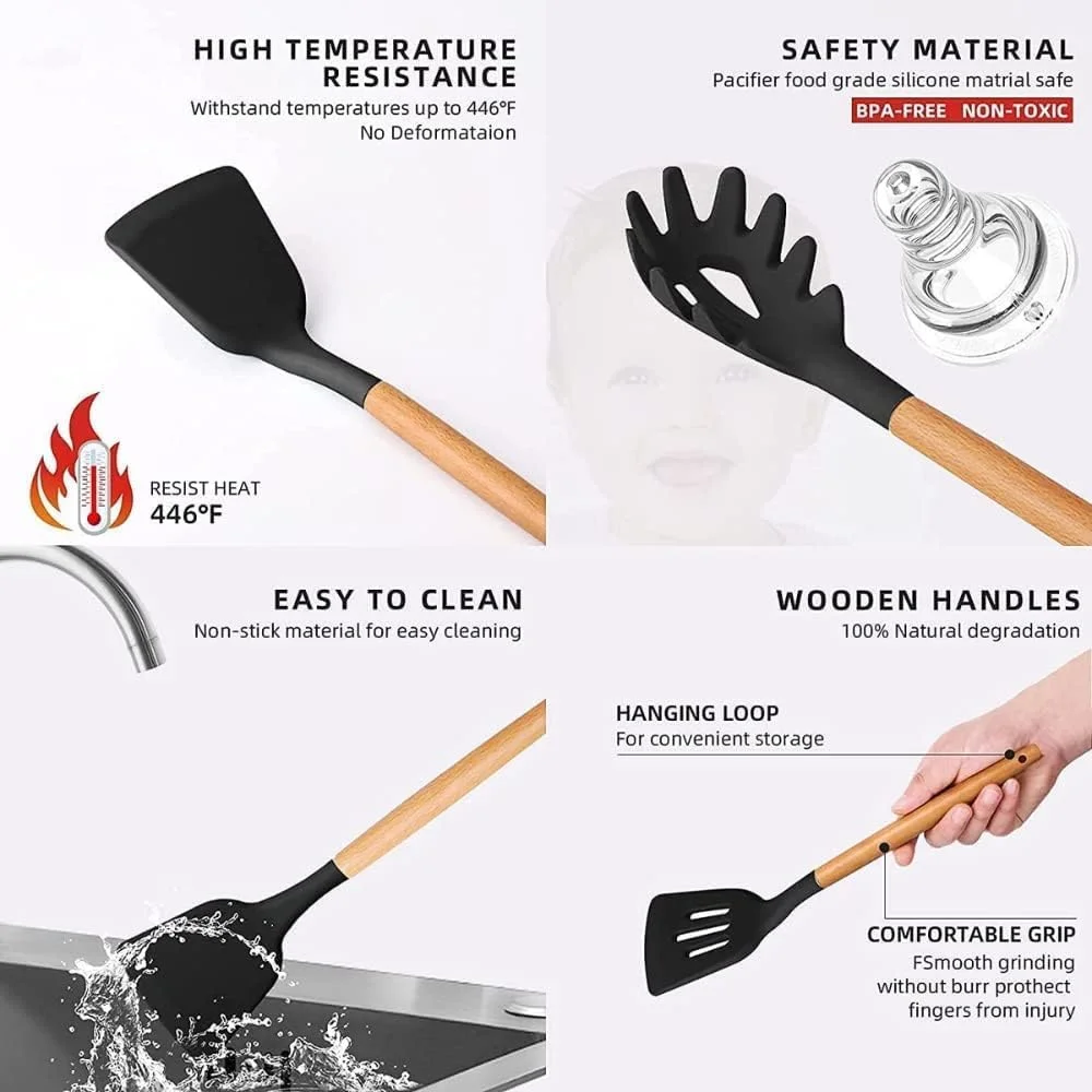 ست 11 پارچه لوازم آشپزی سیلیکونی Sunnyrobby با جا قاشقی و ابزار غیر چسبنده و غیر سمی شامل انبر، کفگیر، برگردان، ملاقه و موارد دیگر