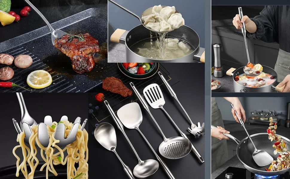 ست 6 تکه ابزار آشپزی استیل ضد زنگ، فلز 304، قابل شستشو در ماشین ظرفشویی، ابزار سرو ارگونومیک و راحت، ملاقه سوپ، قاشق، کفگیر، ست اسكيمر ست 6 تکه ابزار آشپزی استیل ضد زنگ، فلز 304، قابل شستشو در ماشین ظرفشویی، ابزار سرو ارگونومیک و راحت، ملاقه سوپ، قاشق، کفگیر، ست اسكيمر