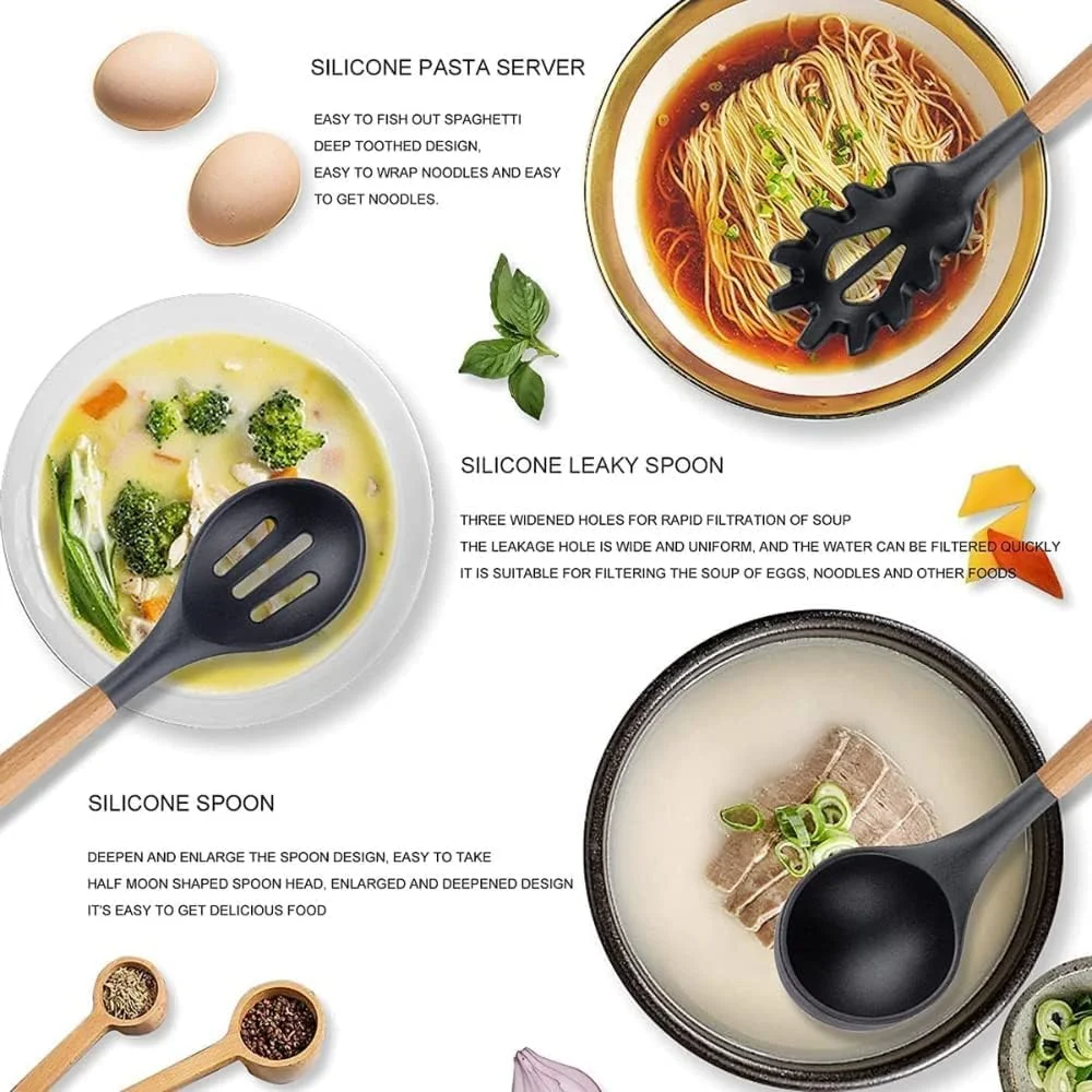 ست 11 پارچه لوازم آشپزی سیلیکونی Sunnyrobby با جا قاشقی و ابزار غیر چسبنده و غیر سمی شامل انبر، کفگیر، برگردان، ملاقه و موارد دیگر