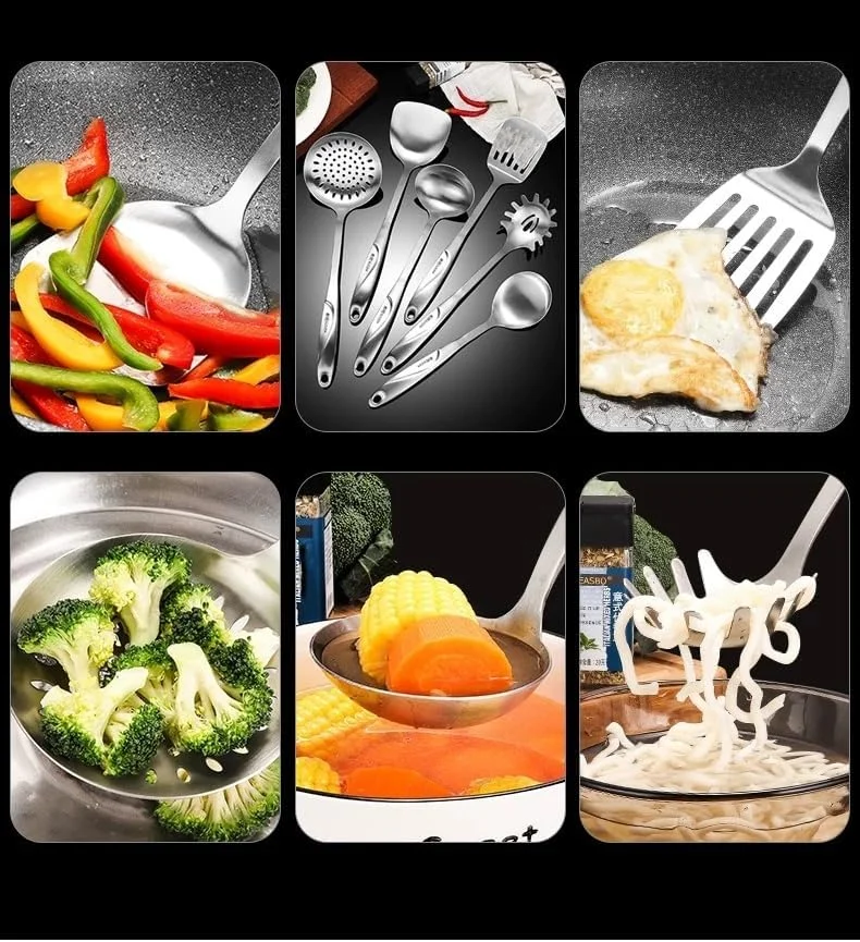 ست 6 تکه ابزار آشپزی استیل ضد زنگ، فلز 304، قابل شستشو در ماشین ظرفشویی، ابزار سرو ارگونومیک و راحت، ملاقه سوپ، قاشق، کفگیر، ست اسكيمر ست 6 تکه ابزار آشپزی استیل ضد زنگ، فلز 304، قابل شستشو در ماشین ظرفشویی، ابزار سرو ارگونومیک و راحت، ملاقه سوپ، قاشق، کفگیر، ست اسكيمر