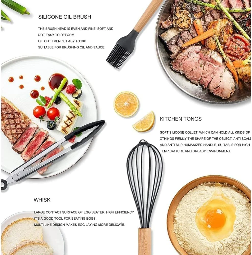 ست 11 پارچه لوازم آشپزی سیلیکونی Sunnyrobby با جا قاشقی و ابزار غیر چسبنده و غیر سمی شامل انبر، کفگیر، برگردان، ملاقه و موارد دیگر