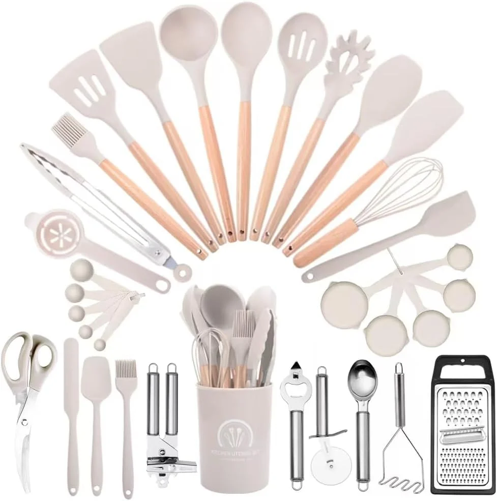 ست لوازم آشپزخانه، ست 34 تکه لوازم آشپزی سیلیکونی، مناسب برای ظروف نچسب، ست کفگیر سیلیکونی مقاوم در برابر حرارت 446 درجه فارنهایت، دسته چوبی - ابزار وسایل آشپزخانه (خاکی)