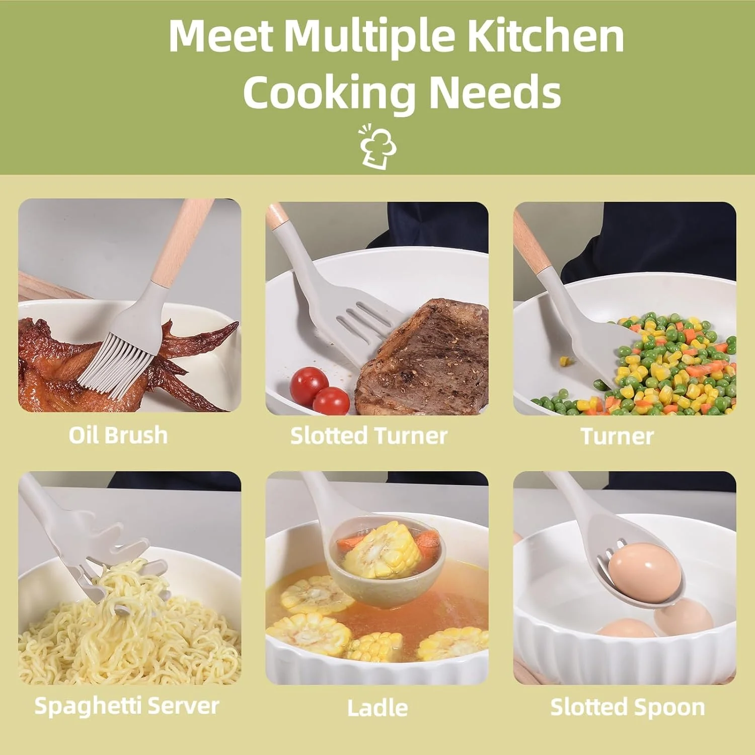 ست لوازم آشپزخانه، ست 34 تکه لوازم آشپزی سیلیکونی، مناسب برای ظروف نچسب، ست کفگیر سیلیکونی مقاوم در برابر حرارت 446 درجه فارنهایت، دسته چوبی - ابزار وسایل آشپزخانه (خاکی)