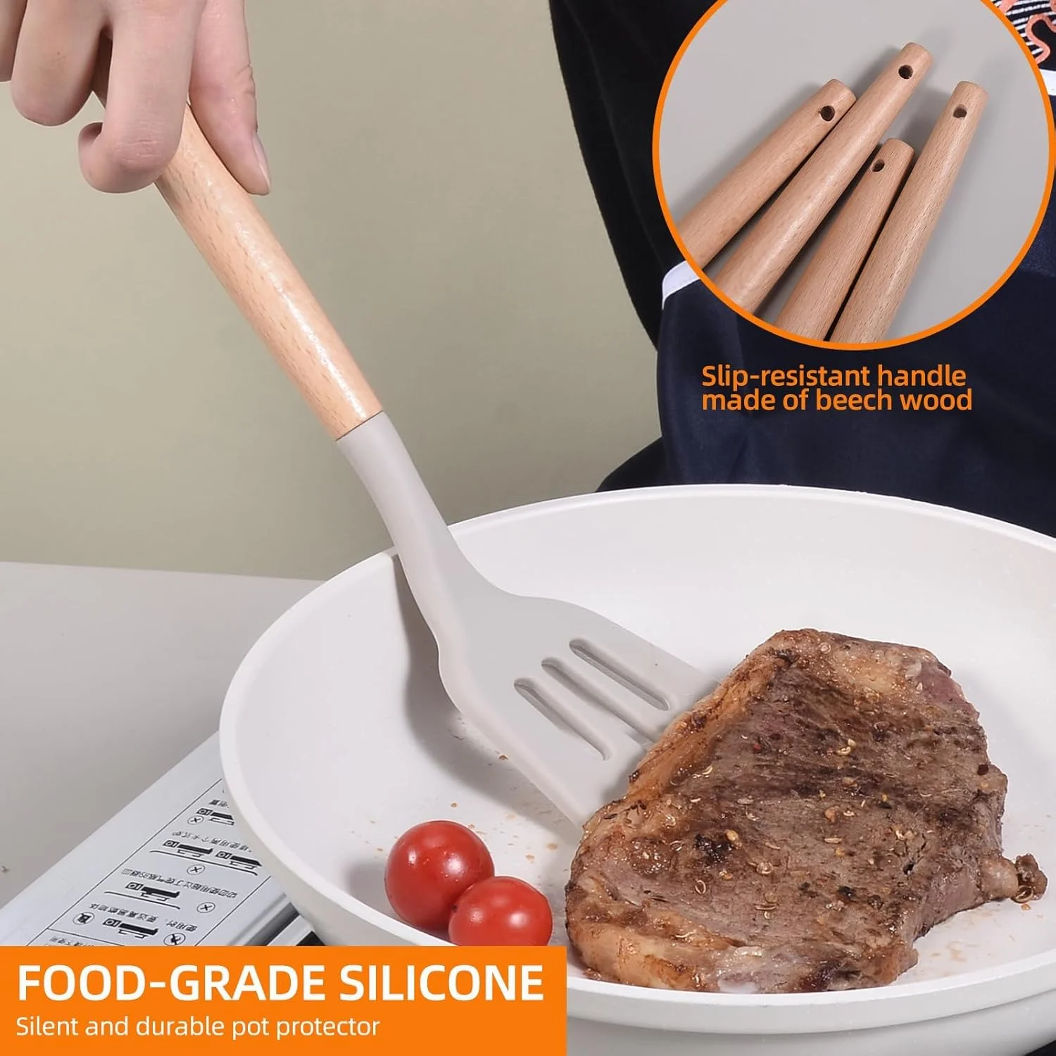 ست لوازم آشپزخانه، ست 34 تکه لوازم آشپزی سیلیکونی، مناسب برای ظروف نچسب، ست کفگیر سیلیکونی مقاوم در برابر حرارت 446 درجه فارنهایت، دسته چوبی - ابزار وسایل آشپزخانه (خاکی)