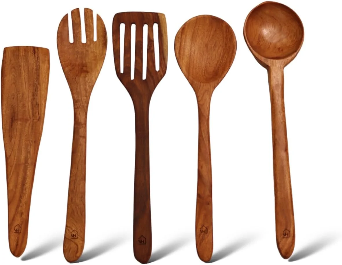 مجموعه ۵ عددی کفگیر، ملاقه، قاشق، چنگال و کاردک چوبی وستا هومز برای پخت و پز | نچسب طبیعی | چوب چریش هندی | بدون پرداخت | 30 سانتیمتر | دست ساز هند