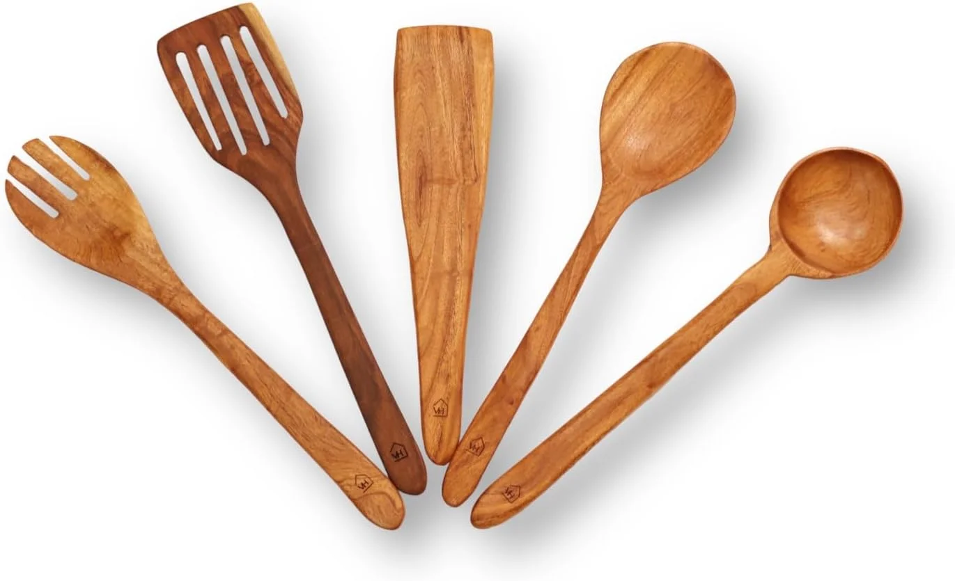 مجموعه ۵ عددی کفگیر، ملاقه، قاشق، چنگال و کاردک چوبی وستا هومز برای پخت و پز | نچسب طبیعی | چوب چریش هندی | بدون پرداخت | 30 سانتیمتر | دست ساز هند مجموعه ۵ عددی کفگیر، ملاقه، قاشق، چنگال و کاردک چوبی وستا هومز برای پخت و پز | نچسب طبیعی | چوب چریش هندی | بدون پرداخت | 30 سانتیمتر | دست ساز هند
