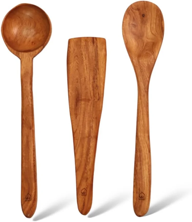قاشق چوبی چوب درخت چریش وستا هومز، کفگیر جمع و جور، کفگیر/ملاقه برای پخت و پز دوسا، روتی، چاپاتی، سوپ و سبزیجات | ابزار آشپزخانه چوبی ممتاز | بدون پولیش | نچسب | دست ساز