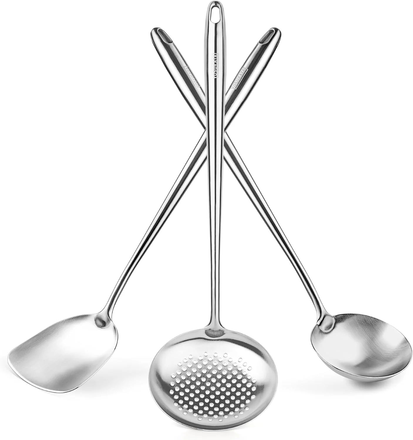 ست کفگیر، ملاقه و قاشق اسكيمر یوسوکاتا، 43 سانتی متری - ست 3 تکه لوازم آشپزخانه استیل 304 - ابزار آشپزی بادوام و قابل شستشو در ماشین ظرفشویی و لوازم جانبی وک برای سرخ کردن