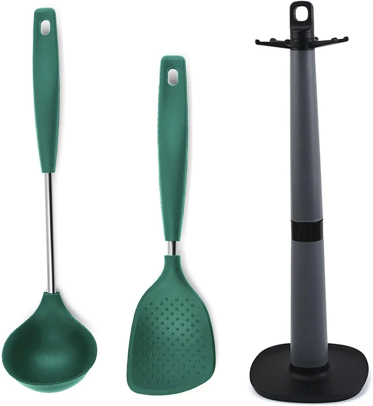 ملاقه دوسا استیل، ملاقه سوپ، کفگیر برنج استیل، اسکوپ برنج، قاشق سرو، نگهدارنده کفگیر، ملاقه دوسا، نگهدارنده کفگیر، قاشق آشپزی چند منظوره، پایه کفگیر (ست 3 عددی، سبز)