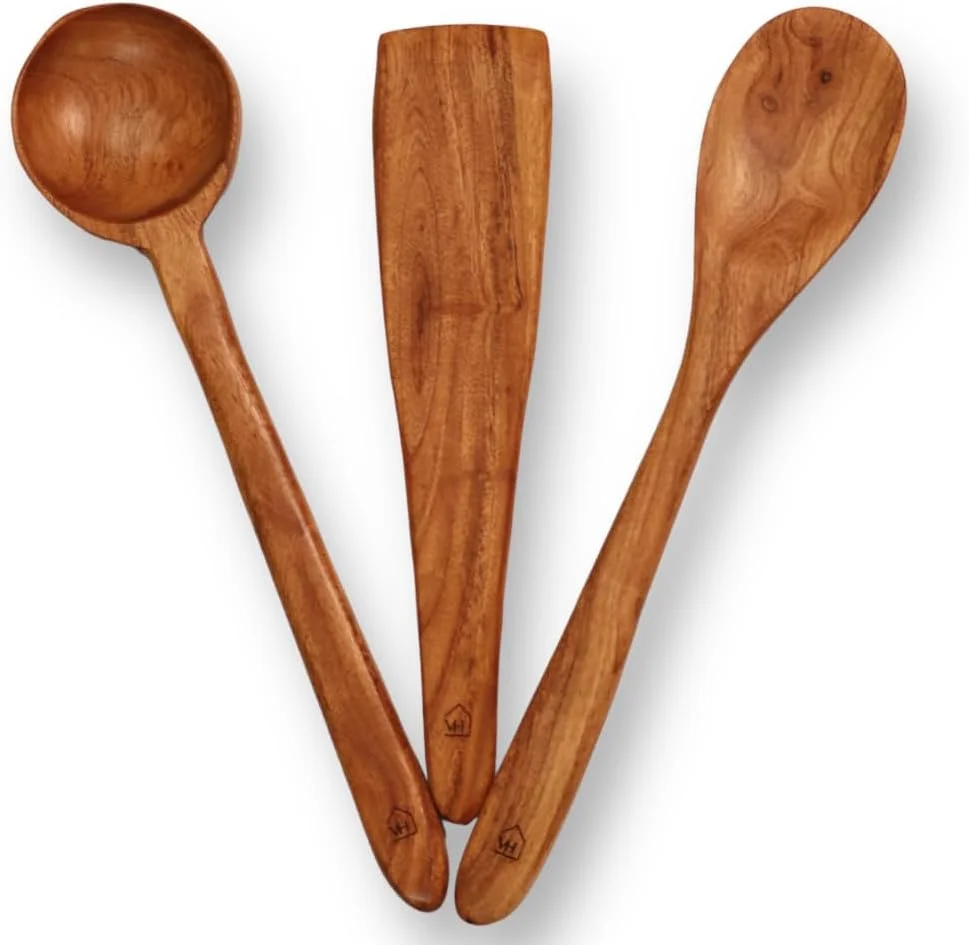 قاشق چوبی چوب درخت چریش وستا هومز، کفگیر جمع و جور، کفگیر/ملاقه برای پخت و پز دوسا، روتی، چاپاتی، سوپ و سبزیجات | ابزار آشپزخانه چوبی ممتاز | بدون پولیش | نچسب | دست ساز
