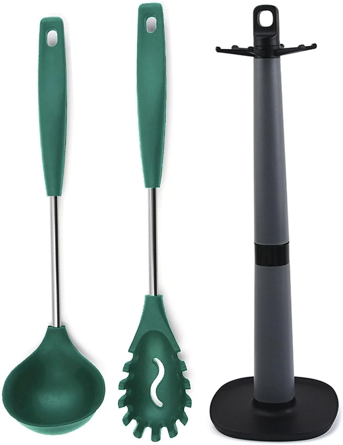 ملاقه نچسب، ملاقه های آشپزی، ملاقه سیلیکونی، ملاقه سوراخ دار، سرو کننده پاستا، ملاقه اسپاگتی، ملاقه دوسا، ملاقه استیل دوسا، ملاقه سوپ، کفگیر، پایه کفگیر برای آشپزی (ست 3 عددی، سبز)