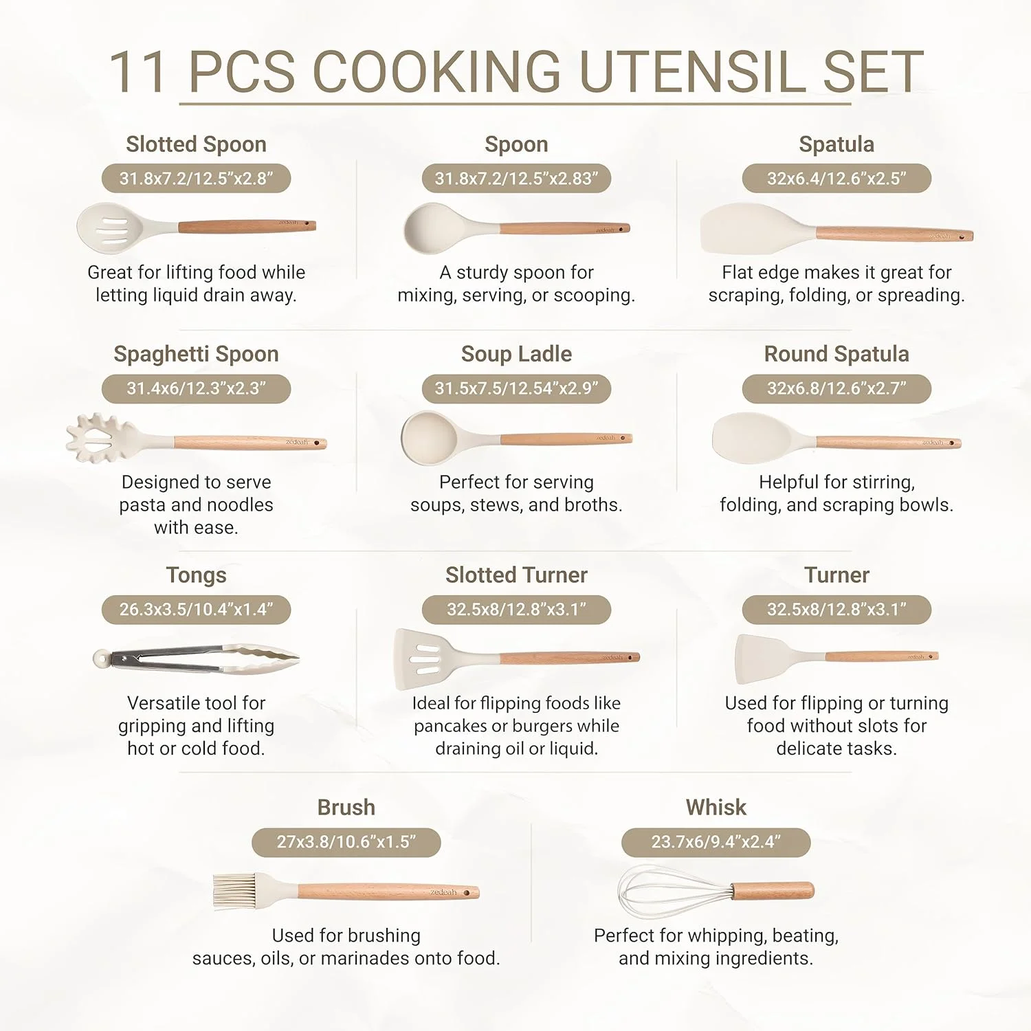 ست 11 تکه لوازم آشپزخانه سیلیکونی ZEDEAH شامل کفگیر، انبر، همزن، برگردان و ملاقه - مقاوم در برابر حرارت، ابزار پخت و پز بدون خراش با دسته های چوبی، قابل شستشو در ماشین ظرفشویی، بدون BPA (بژ)